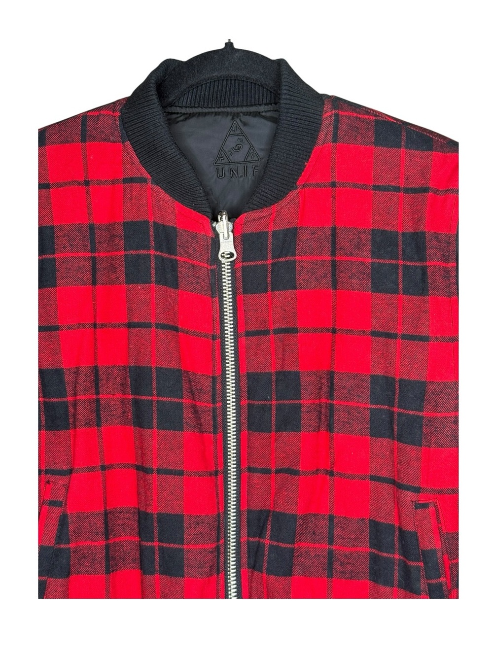 Y2K: UNIF 𖤐 Plaid Reversible Baddie Bomber Jacket 𖤐 Red Buffalo Plaid Black 𖤐 S - Picture 4 of 16